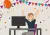 Tekening: juichende vrouw achter computer met slingers en confetti