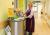 Medewerker van de roomservice bij de kar
