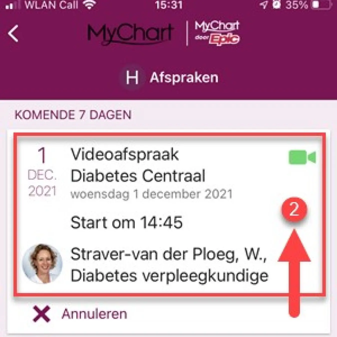 Screenshot Mijn Antonius app videoafspraak afsprakenoverzicht